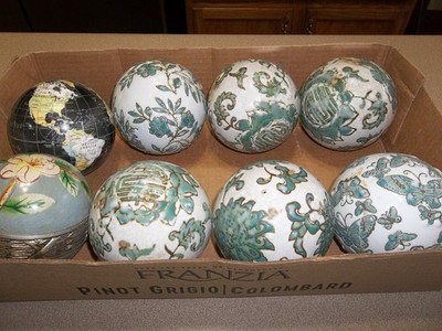 (6)  Carpet Balls Porcelain Chinoiserie Orb Teal & White &  wooden & world globe