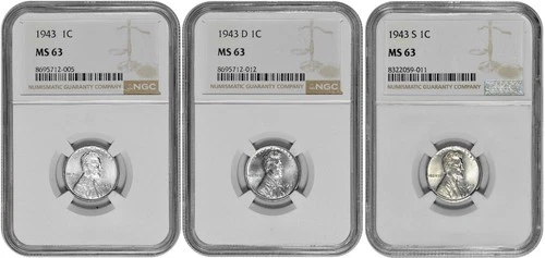 1943 P D S 1c Lincoln Steel Wheat Cent NGC MS 63 Three Coin Lot