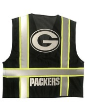 GREEN BAY PACKERS BLACK REFLECTIVE SAFETY VEST W/ WHITE LETTERS  ANY ZISE  S,M,L