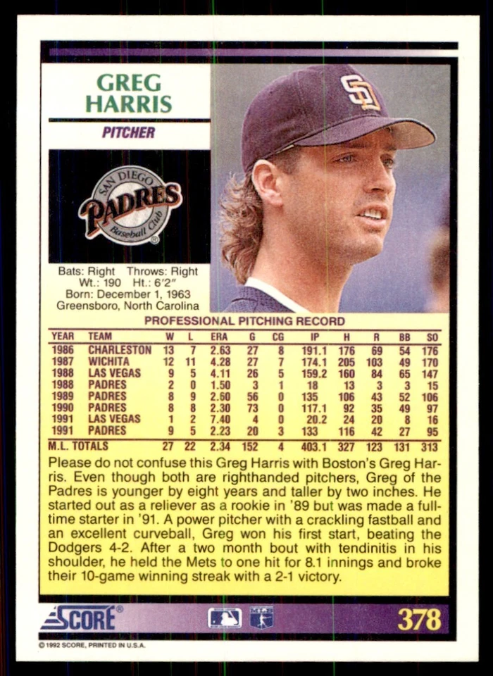 1992 Score Greg Harris San Diego Padres #378 - Image 2 of 2