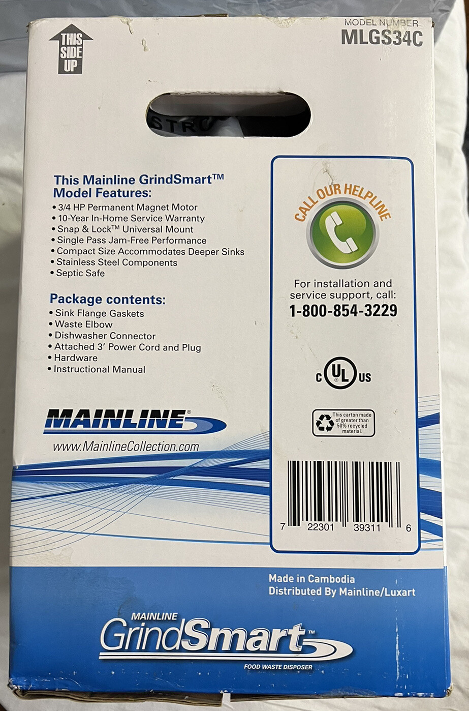Mainline GrindSmart MLGS34C 3/4HP 2700RPM Garbage Disposal With Power