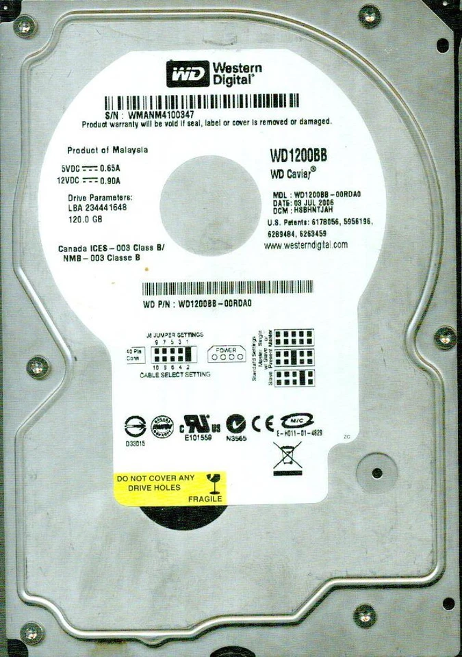 WD1200BB-00RDA0 DCM: HSBHNTJAH WESTERN DIGITAL IDE 120GB - Image 1 of 1