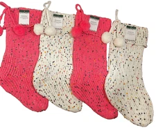 Pink & White Confetti Speckled Christmas Stockings w/PomPoms- Kirklands Home NWT