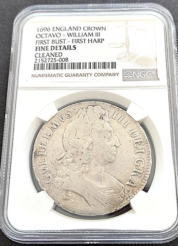 1696 England Crown , NGC Fine details  , nice silver coin      # 1963 , # 63-13