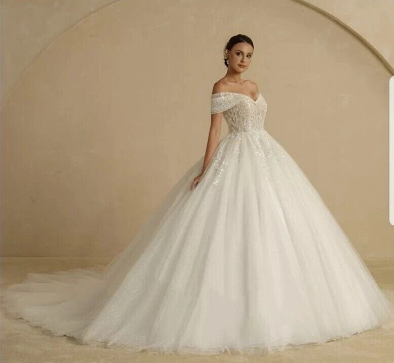 Glitzer Brautkleid A-Linie mit Perlen & Ärmeln, schulterfrei, Ballkleid - Bild 4 von 4
