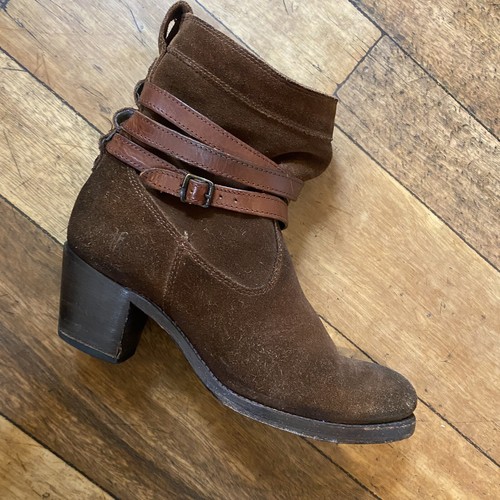 Frye Brown Suede & Leather Strap Jane Heeled Boots Size 6 39 Womens Festival - Picture 2 of 24