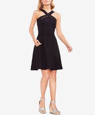 $340 Vince Camuto Women'S Black Crisscross-Neck Perforated Dress Size M
