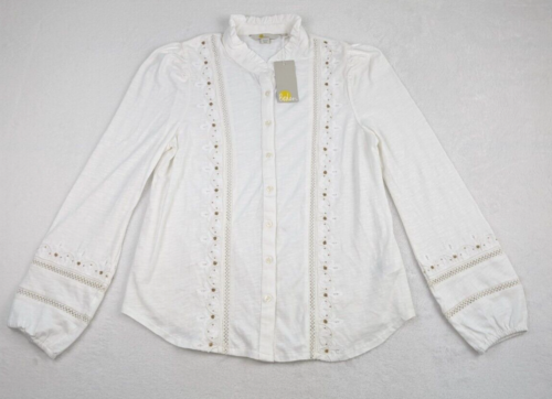 Boden Lace Inset Embroidered Jersey Blouse Womens US6 UK 10 White T1133 NWT