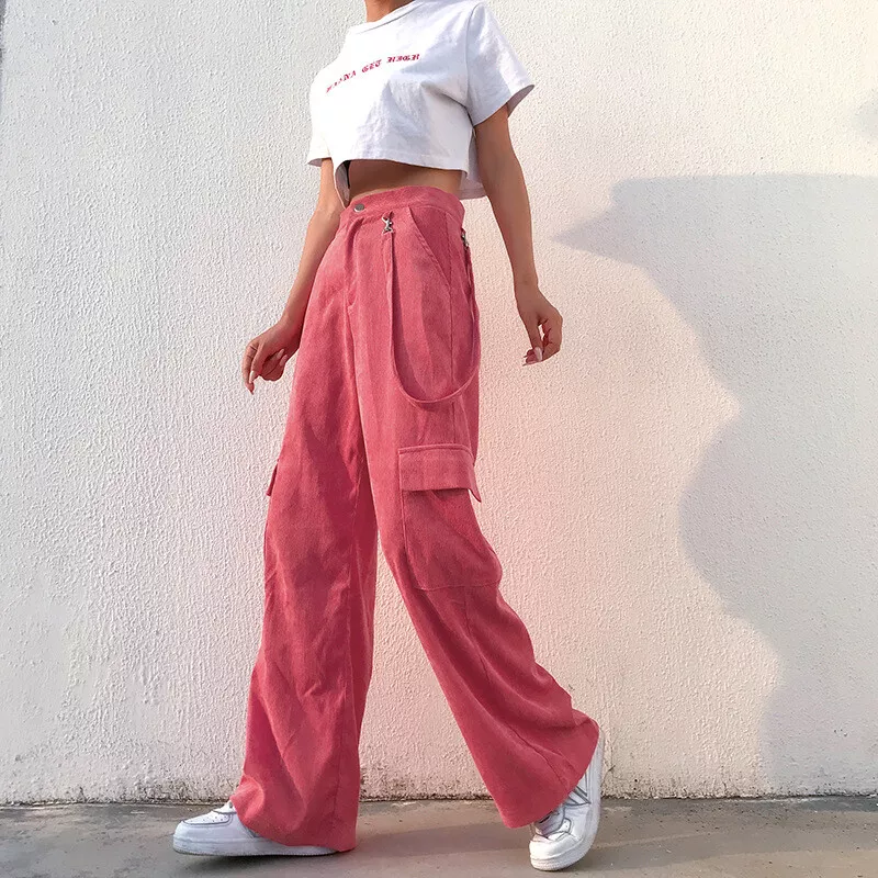 Women Corduroy Pants Trousers Wide Leg Casual Pocket High Waist Pink Fashion  New