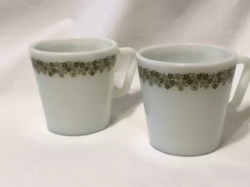 Vintage 70s Lot Of 2 Pyrex Crazy Daisy Spring Blossom Green Coffee Cups Mugs