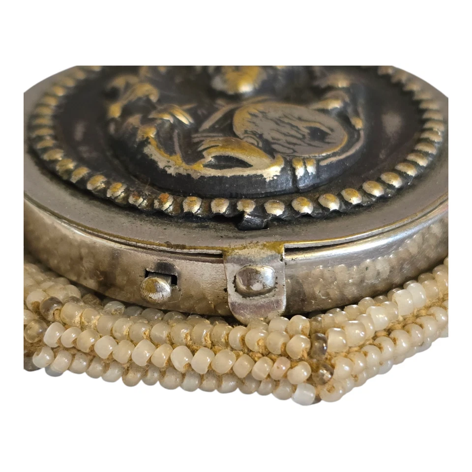 Antique Victorian Beaded Coin Purse Silver Plate Flip Top Woman w/ Parasol - Image 3 of 4