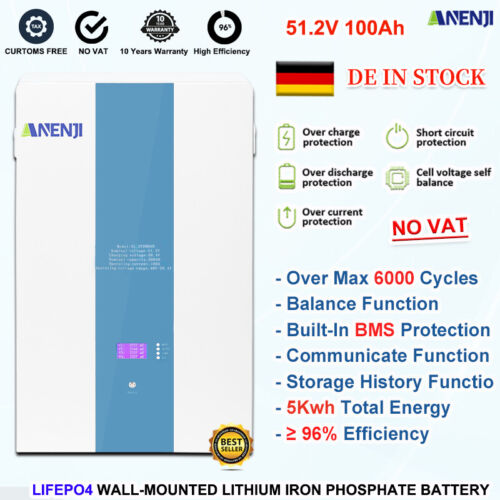 5kWh 51.2V 100A LiFePO4 Lithium Batterie EVE Wandmontage BMS Akku Solarspeicher - Bild 1 von 5