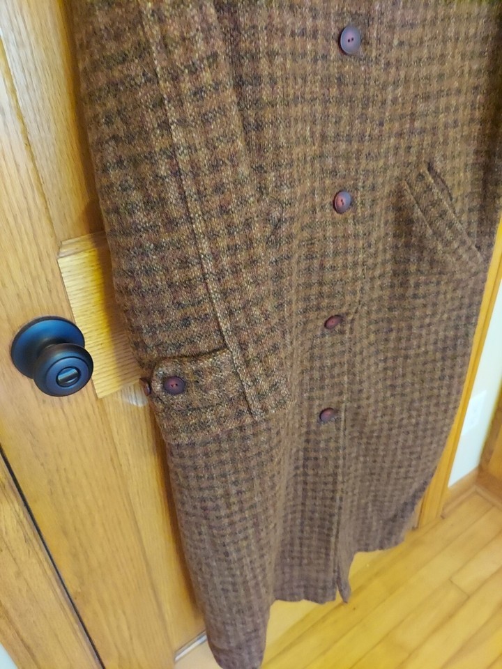 Vtg LL Bean Houndstooth Wool Blend Long Coat Suede Trim Brown Gray 90s