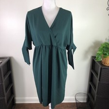 ASOS women V neck tie sleeve oversized boxy fit short dress hunter green Sz 6