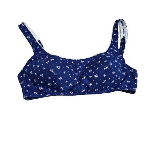 Vintage 70s Blue Floral Cotton Womens Bra White Lace Trim Button Molded Cups 12