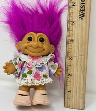 Russ Vintage 4 Inch Troll Doll Birthday Floral Dress Pink Hair Brown Eyes Shoes
