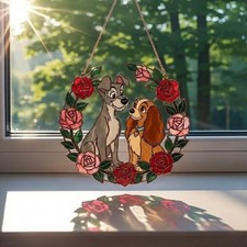 Romantic Dog Couple Acrylic Suncatcher, Rose Window Hanging Gift