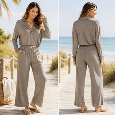 Vuori Lux Intentions Jumpsuit Smoke Heather Wide Leg V Neck Sz L NWOT