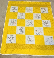 Vintage Hand Quilted Embroidered Baby Quilt 56  x 51  Never Used
