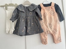 Baby Girls 0-3 Months George Outfit Bundle Flowers Floral Dress Dungarees