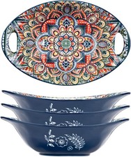 4 x Ceramic Oval Bowl dish ramen with Handle 600ml, ink blue morroccan art