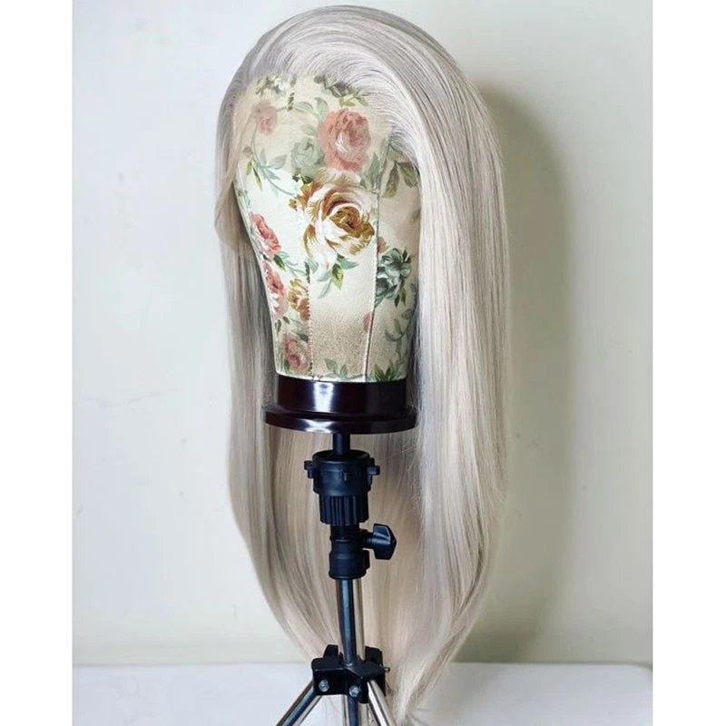 Peluca larga recta HD frontal de encaje plateada suave cabello sintético resistente al calor Foto 4 de 4