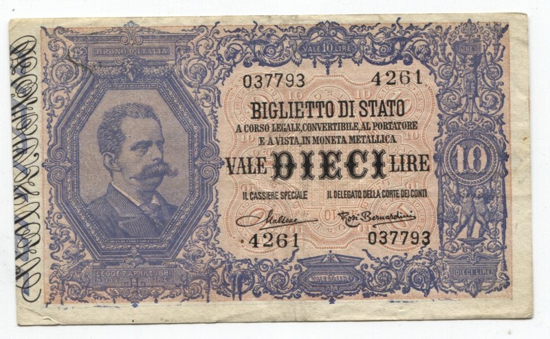Italy 1925 10 Lire Banknote Pick#20i VF Inverted Back  See Scans