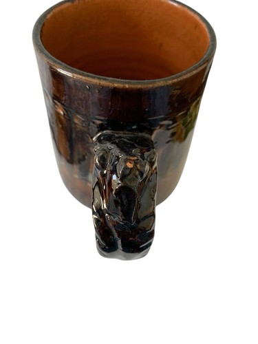Antique Redware Mug Tankard Figural Handle Brown Feathered Glaze - Picture 8 of 8