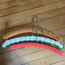 3 Vintage Handmade Crochet Wooden Clothes Hangers Colorful Yarn Covered