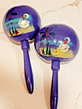 Retro VTG Maracas Authentic Pair Mexico Bright Purple Fish Palm Trees Music