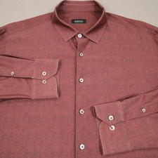 Bugatchi OoohCotton Tech Button Shirt Mens 2XL Red Geometric Stretch Knit