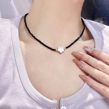 Long 18" 3mm Faceted Black Spinel White Freshwater Pearl Pendant Necklace AAA