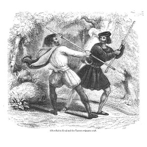 Robin Hood & The Tanner - Quarter Staff - Antique Print 1845