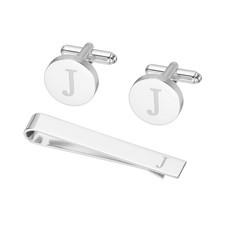 Cuff Links, Tie Clip and Cufflink Set for Men, Letter J(Silver Tone)