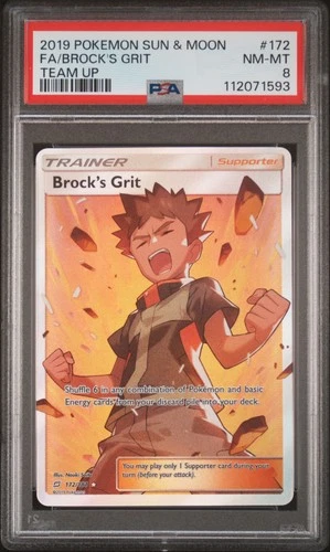 2019 POKEMON SUN & MOON TEAM UP #172 FULL ART/BROCK'S GRIT PSA 8