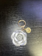 Leather Flower Keychain Bag Charm, Rose Shape, Silver Gray