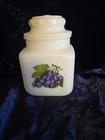Vintage Milk Glass Canister Grapes Fruit Design w/ Lid Coffee Sugar Jar