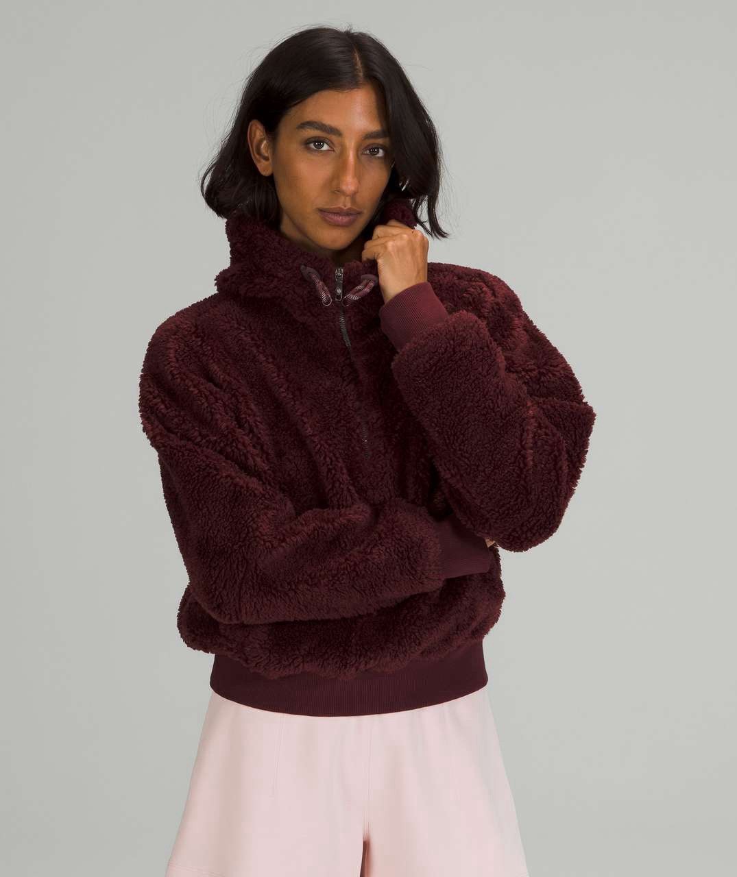 Lululemon Textured Fleece 1/2 Zip Hoodie Pullover Sweater Red Merlot Womens 14
