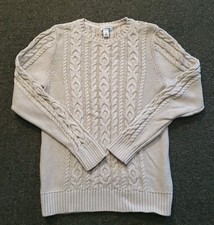LL Bean Womens Small Beige 100 Cotton Fisherman Cable Knit Sweater Regular