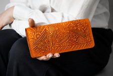 Tooled Leather Wallet Womens Boho Orange Long Clutch Purse Handcrafted Sun Carve
