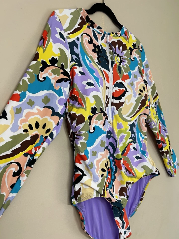 Anne Cole 长袖游泳套装尺寸 Xtra 大号 3/4 前拉链花卉图案 — 第 2/4 张图片