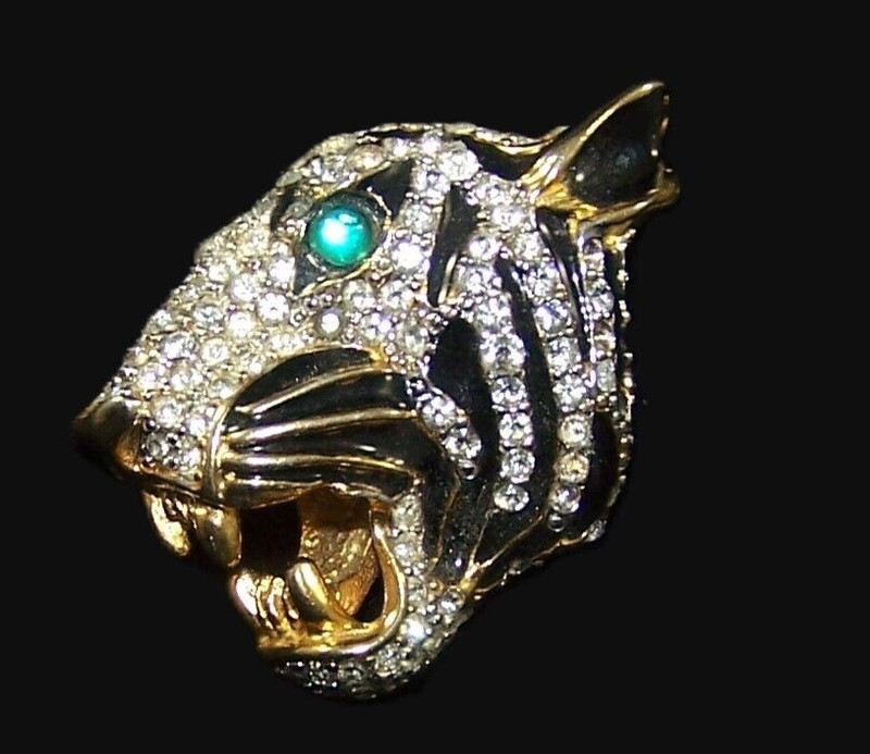 KJL KENNETH J. LANE Black Enamel and Pave Crystal Roaring Tiger Pin