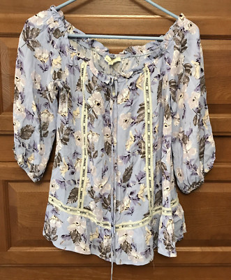 NWT BLUSHING HEART Women's SMALL Top Blouse  Boho Floral NEW purple blue 1250