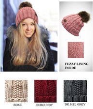 Caps  Hats - Fuzzy Lined Beanie w/ Faux Fur Pom - YJ820