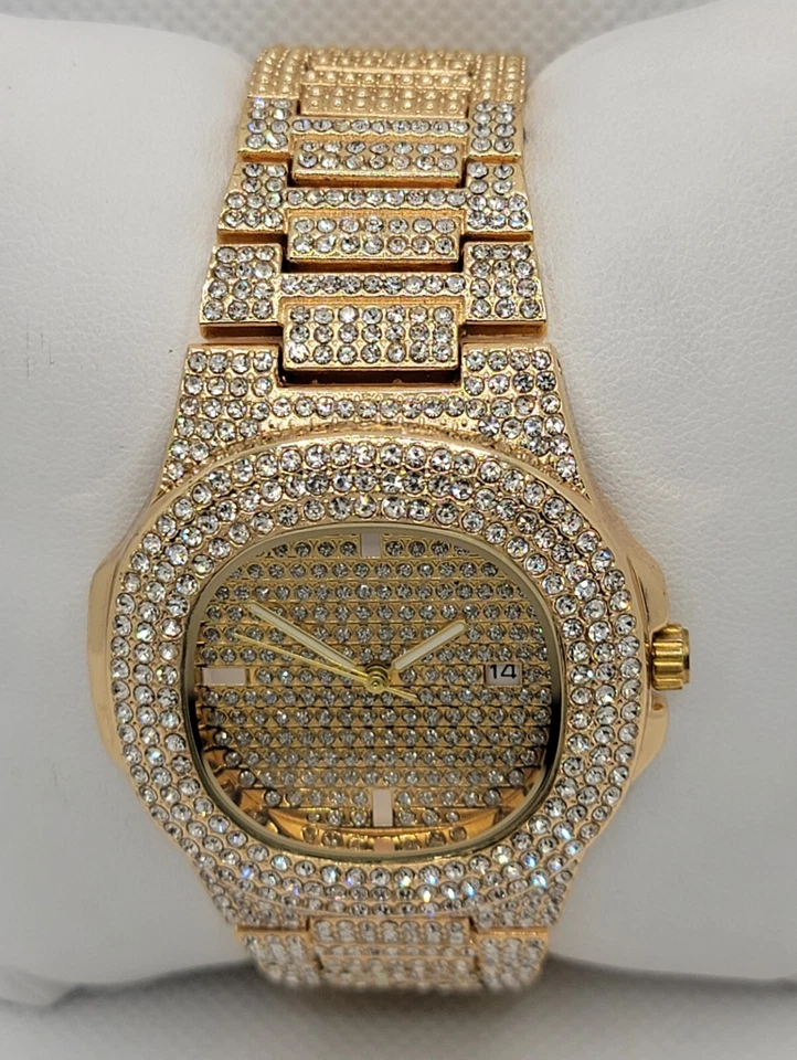 Impresionante reloj analógico pulsera de eslabones tono oro helado de moda para hombre F9 Foto 4 de 4