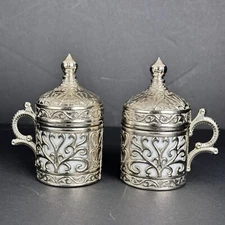 Turkish/Greek/Arabic Style Silver Metal &Porcelain Espresso/Coffee Cups-Set of 2