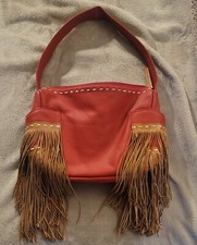 Sabina New York Red & Light Brown Leather Fringed Shoulder Bag Purse