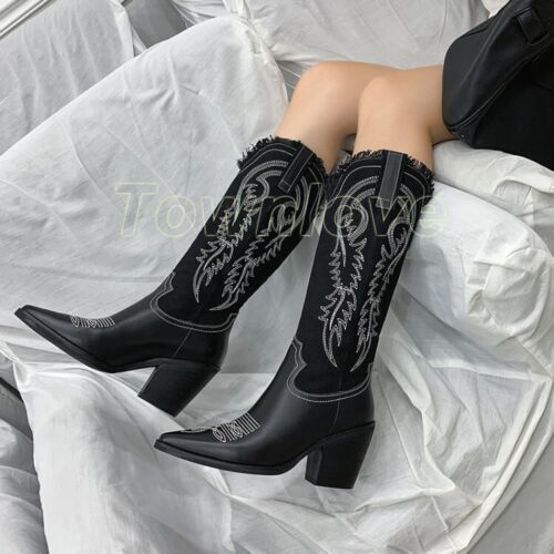 Weiche Echtledernieten hochwadenige Stiefel Damen Cowboy Western Stiefeletten Schuhe - Bild 1 von 14