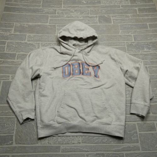 Obey Hoodie Womens Large Gray Terry Knit Cotton Hooded Sweatshirt Embroidered