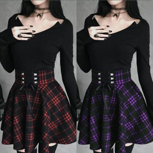 Women Plus Size Pleated Skirts Gothic Lace Up A-Line Plaid Ball Gown Short Skirt - Picture 1 of 16